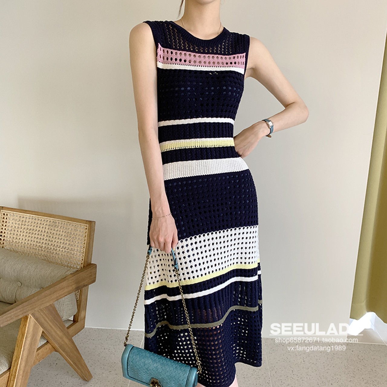 即納 ネイビー マルチボーダーマキシニットワンピース Rose Aura