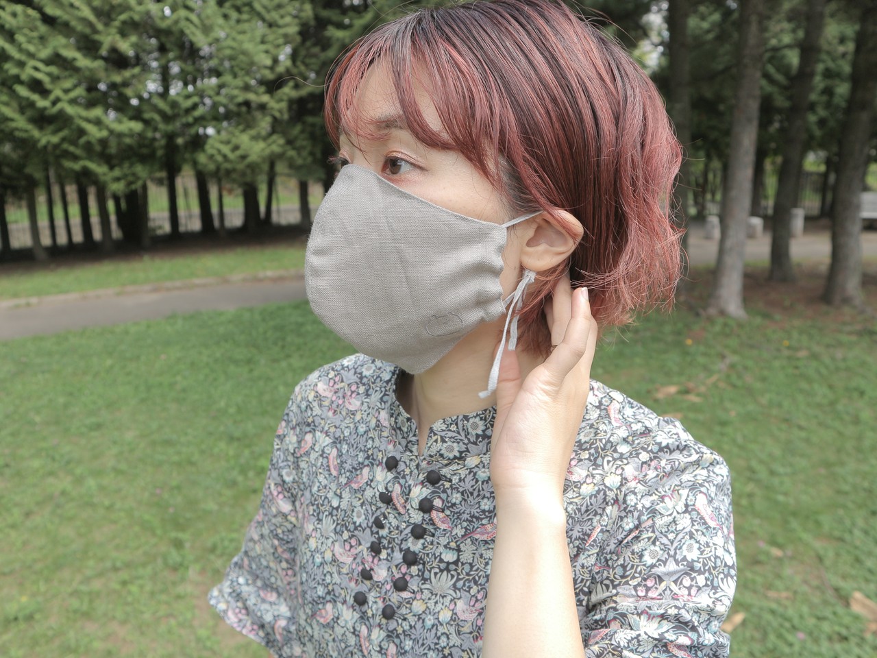 つみきの顎までマスク/リネン刺繍