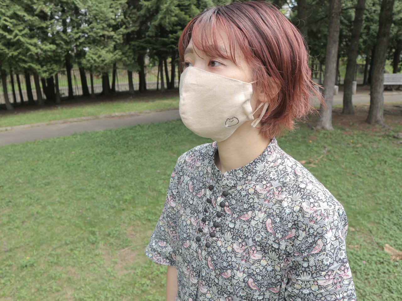 つみきの顎までマスク/リネン刺繍