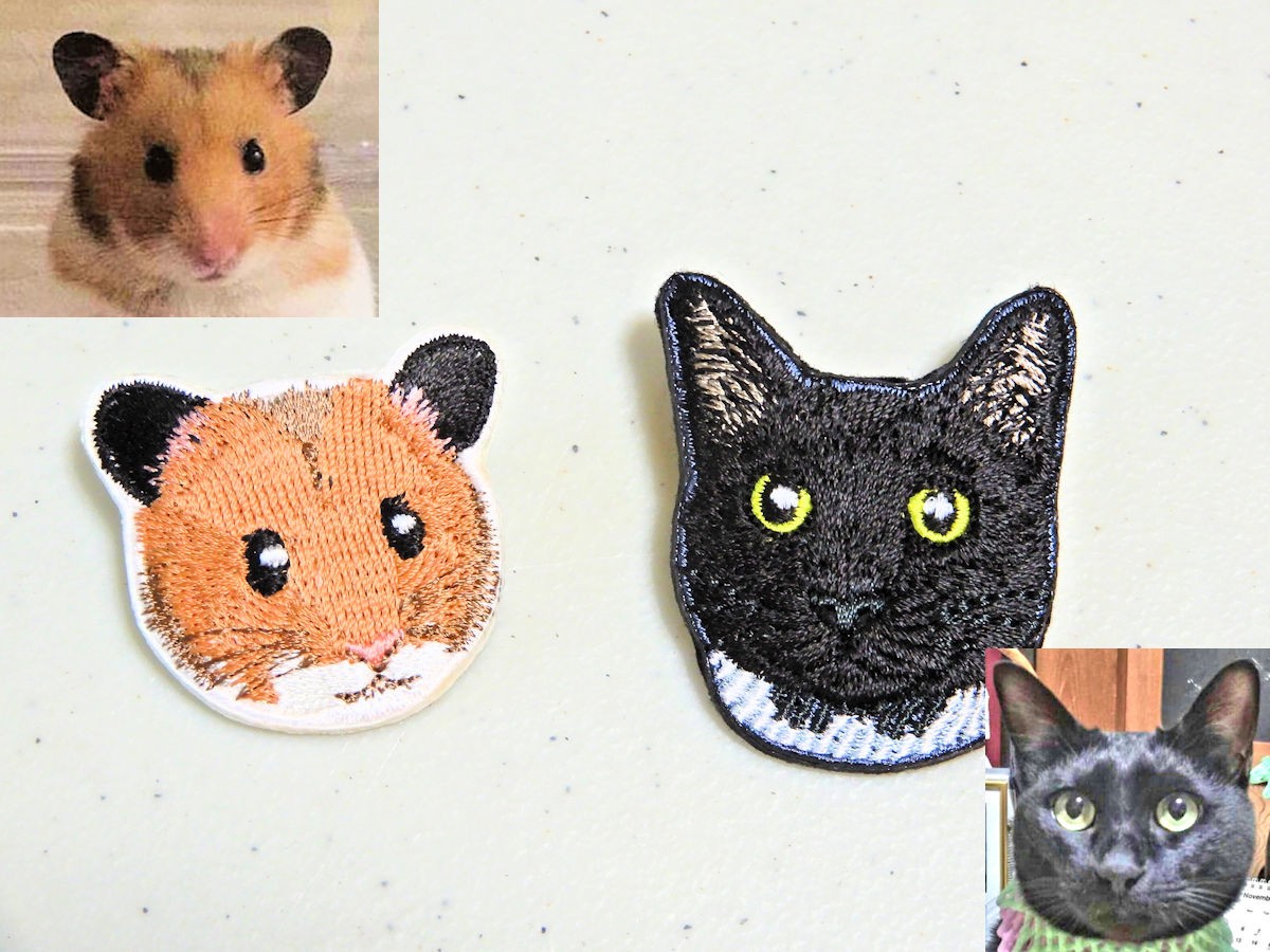 19年4月制作 うちの子刺繍グッズ ライトにリアルなタイプ ブローチ 黒猫さんとハムスターちゃん Embroidery福工房