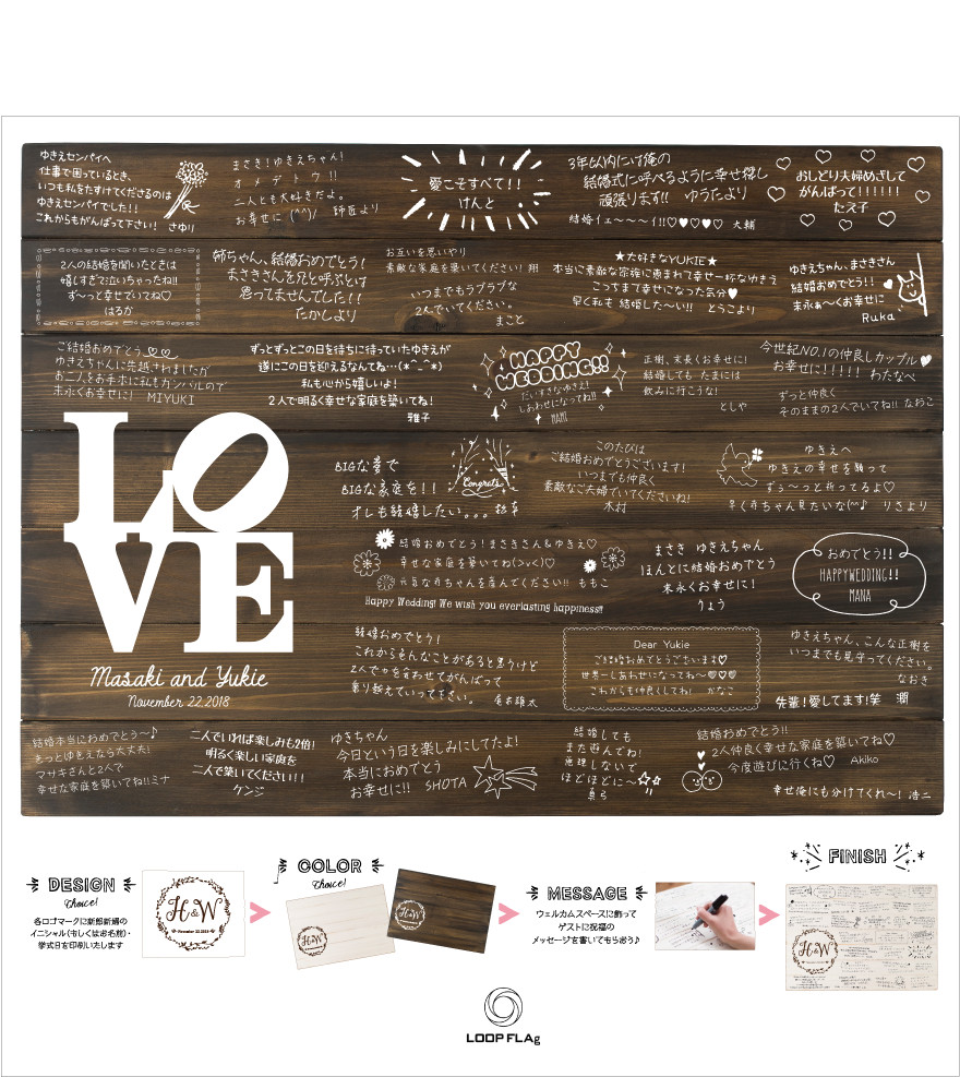 ハッピーウェディング ゲストの方にメッセージを書いてもらい出来上がるウェルカムアイテム Love Merci ありがとうfactory ウェディング 両親贈呈品 ウェルカムボード プチギフト