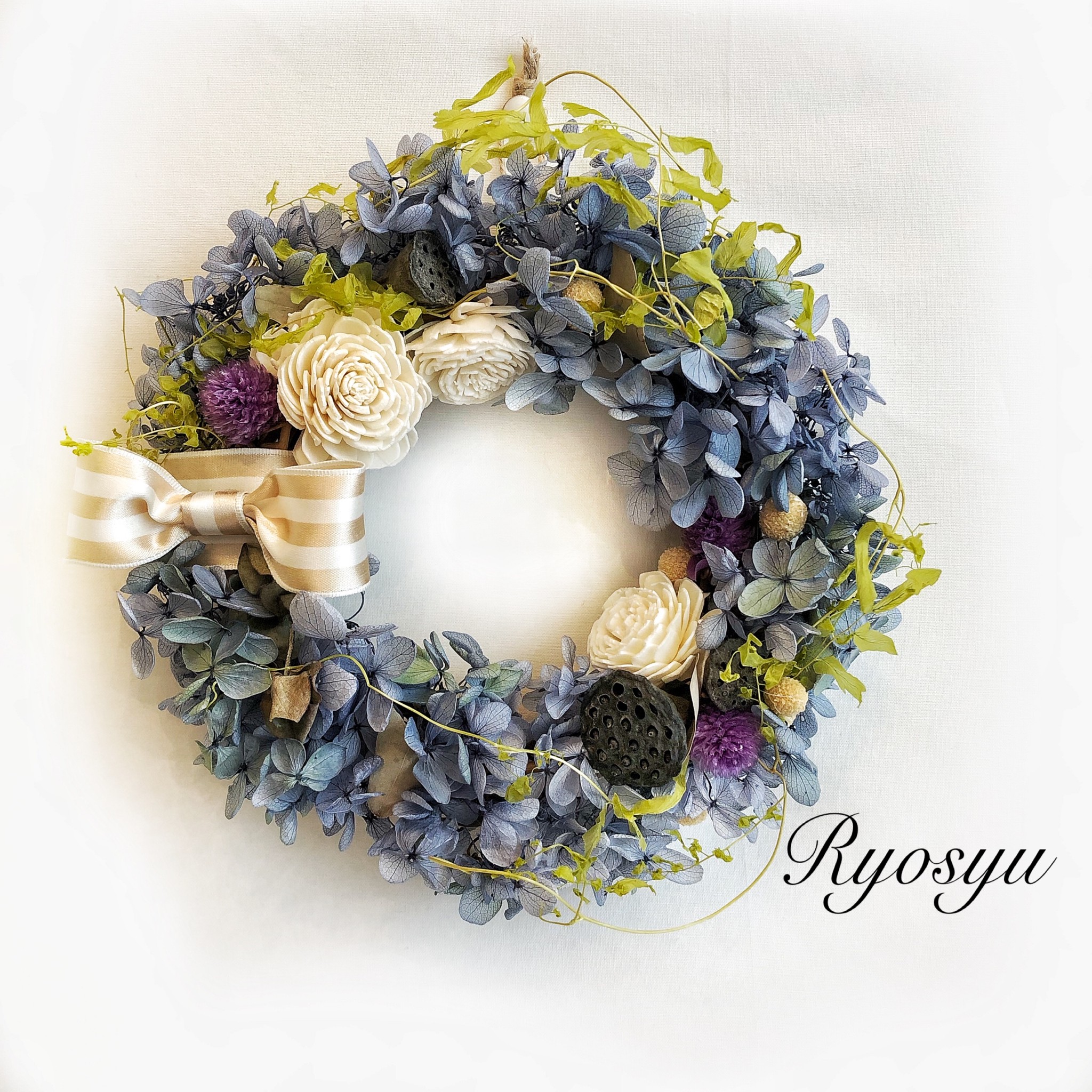 青い紫陽花のリース 再販 お花作家の店 良秋ryosyu 青い紫陽花のリース 再販 お花作家の店 良秋ryosyu