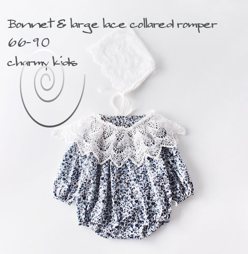 ご紹介 ボンネット 大きなレースの襟付きロンパース Charmy Kids