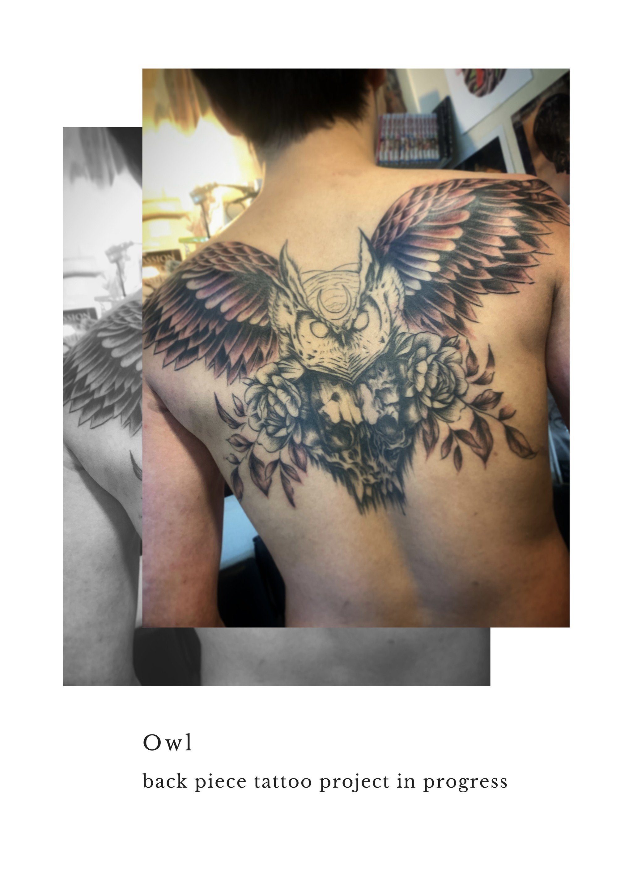 梟 Owl バックピース フクロウタトゥー 東京渋谷タトゥースタジオ 刺青師 渋谷伊彫 Loyal Tattoo Tokyo ロイヤル タトゥースタジオ 渋谷伊彫 東京 アメ村大阪