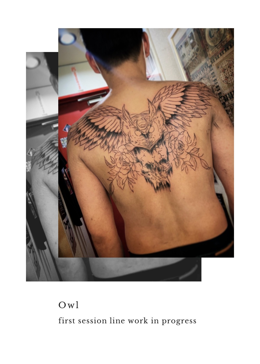 梟 Owl バックピース フクロウタトゥー 東京渋谷タトゥースタジオ 刺青師 渋谷伊彫 Loyal Tattoo Tokyo ロイヤルタトゥースタジオ 渋谷伊彫 東京 アメ村大阪