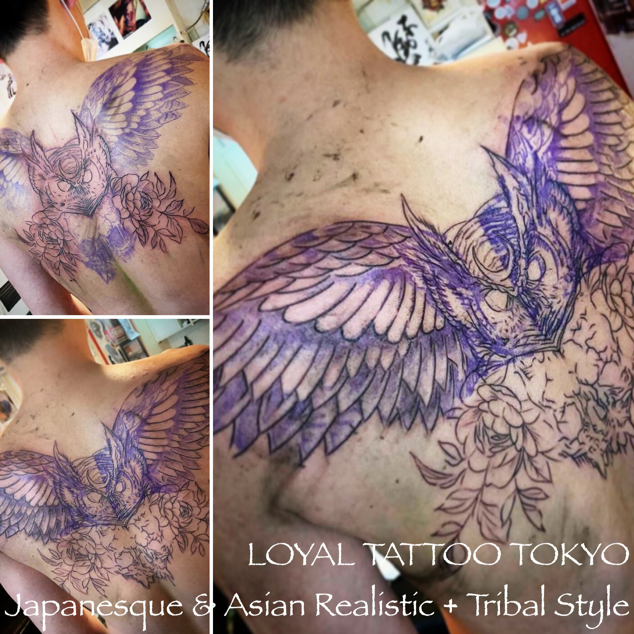 梟 Owl バックピース フクロウタトゥー 東京渋谷タトゥースタジオ 刺青師 渋谷伊彫 Loyal Tattoo 刺青師 渋谷伊彫 東京渋谷 大阪アメ村 In デスペラードタトゥー