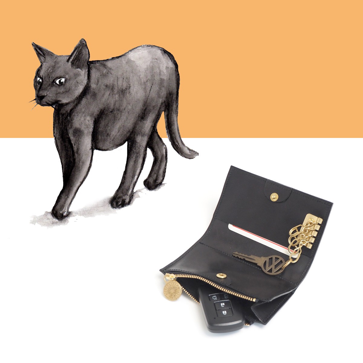 黒猫と ヘリクリサム の黒いキーケース アートな革小物 ｈｅｌｉ ヘリクリサム Base店