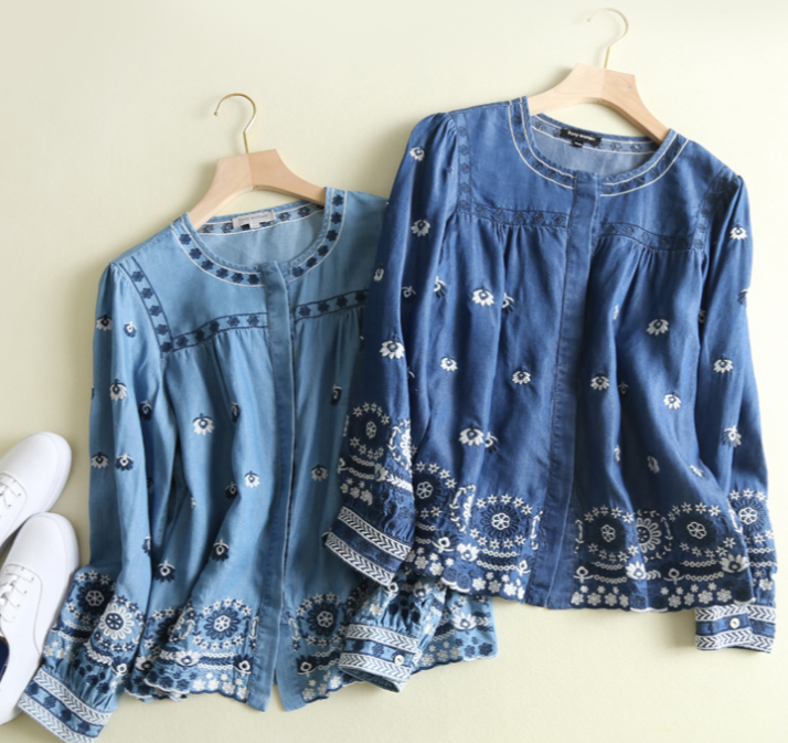 マーガレット刺繍のラウンドネック デニムシャツ 販売中 ママフクフク