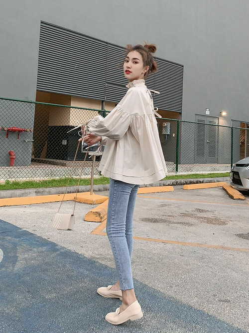 ふんわり可愛いチュニックブラウスが旬です 可愛いフリルネックと袖のリボンが魅力です Toptop