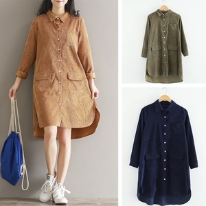 大人カジュアル 長袖 ひざ丈 コーデュロイシャツ ワンピース 暖かい 通勤通学 アースカラー キャメル グリーン ネイビー M L Xl 2xl 大きい 春 秋 送料無料 韓国レディース キッズファッション Londonbridge ロンドンブリッジ