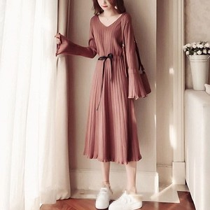 ワンピース ニット リブ リブニット リブワンピース ストライプ ウエストリボン ウエストマーク ベルト ベルスリーブ スタイルアップ 全3色 プチプラレディースファッション通販 Yboueki