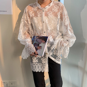 フラワー総レースブラウス シャツ 花柄 チュール インナーレース トップス 清楚 大人コーデ レディース Macaron