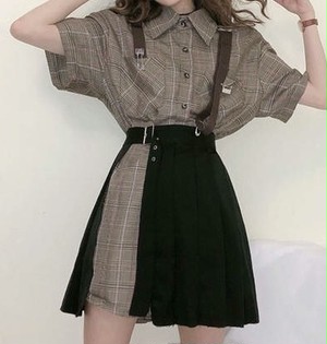 ワンピース チェック シャツワンピ アイドル かわいい 黒スカート 個性ファッション オルチャン 韓国ファッション Sweetly