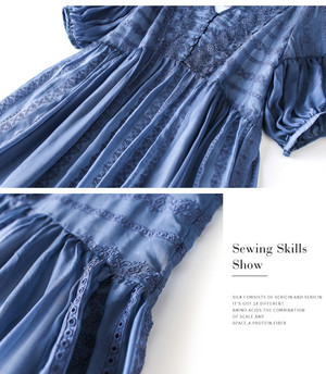 シルク100 高品質 シルクワンピース ドレス レディースファション ラウンドネック 五分袖 ロング丈 ゆったり エレガント 高品質 高級感ある 女子会 結婚式 普段着 大きいサイズ S M L Ll 3l ブルー 青い Elegant