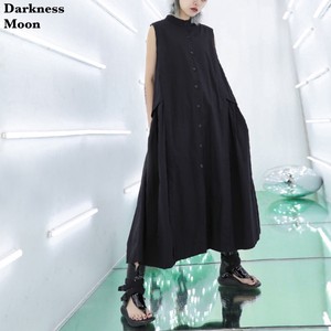 Darknessmoon 2color ノースリーブ プリーツデザイン ロング シャツワンピース シャツ ロング ワンピース マキシワンピース ロングシャツ 羽織 ベスト Darkness Moon