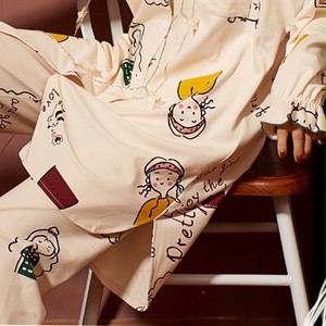 長袖 パジャマ ルームウェア シャツ襟 ゆったり ガール 女の子 イラスト カジュアル 可愛い レトロ 韓国 春 秋 A0530 Macaron