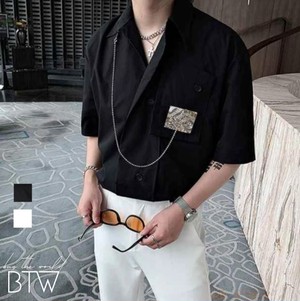 韓国メンズファッション Bw1137 メンズ オープンカラー ダブルシャツ 半袖 無地 ワッペン ゆったり カジュアル 韓国メンズ服 流行プチプラ韓国メンズファッション新作通販 Buy The World