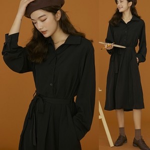 ワンピース ウエストリボン ウエストマーク シャツワンピース ボタン 襟付き カジュアル ブラック 黒 ワントーン モノトーン シック プチプラレディースファッション通販 Yboueki