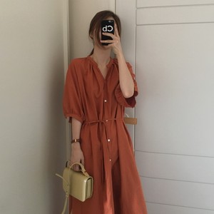 ロングワンピース シャツワンピース ワンピース レディース きれいめ シンプル カジュアル 綿 緑 オレンジ シャツ ロング フレア 半袖 五分袖 Vネック 無地 春 夏 秋 10代 代 30代 40代 大人カジュアル ワンピース コーデ 通勤 Ol オフィス ママ 楽ちん