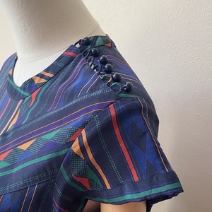 レディース 80年代 シルク ワンピース ネイティブプリント アメリカ 古着 ネイビー 日本s M Roger S Ladies ロジャース レディース
