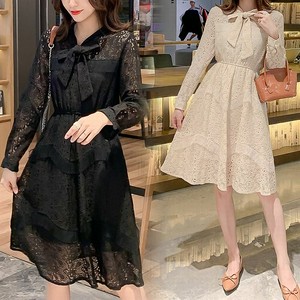 レディース ワンピース ボウタイ レース 総レース ワンピース ボウタイ リボンミディ丈 大人 上品 大きいサイズ ガーリー 韓国ファッション Lace Bottoming Dress Tea Break Skirt Dct Value Rave Notice バリューレイヴノーティス 韓国
