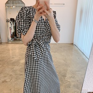 ワンピース ギンガムチェック ミディアム丈 カシュクール リボン Vネック きれいめ カジュアル 大人可愛い 韓国ファッション Luluca 韓国 トレンドファッションluluca ルルカ