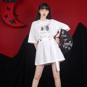 チャイナ風ワンピース 改良唐装 中華服 パンタ模様 すごく可愛い ブラック ホワイト S M L ベルト付き Elegant