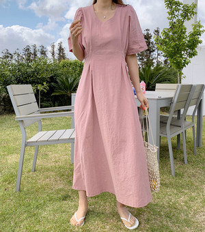 高品質 コットンリネンベビーピンクタックワンピース Mirror Me