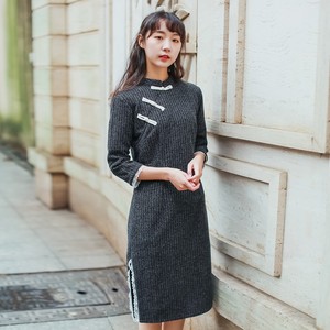 チャイナ風ワンピース チュニック チャイナドレス 唐装 漢服 民族風 女子会 普段着 可愛い レトロ スタンドネック 七分袖 ロング丈 改良型 チャイナドレス S M L Ll 着痩せ グレー ピンク Dresszone