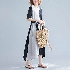 送料無料 ワンピース ロングワンピース マキシ 白 黒 バイカラー 夏 レディース 大人カジュアル ウエストリボン バイカラー アンティカ レトロ エスニック コーデ 夏リゾート 夏コーデ 人気 激安 Hiro Stylish Shop