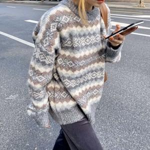 送料無料 総柄ニット ニットプルオーバー デザインニット 古着風 メンズライクコーデ K433 Kacch カッチ