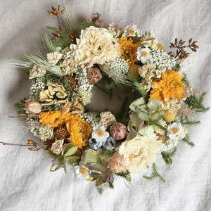 ラナンキュラスリース イエロー ナチュラル アンティークのドライフラワーリースoriori