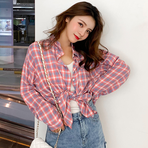 ピンク チェック シャツ 長袖 ブラウス トップス 韓国ファッション レディース 人気韓国レディースファッション Cacaomilk カカオミルク