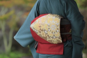 赤に菱と花模様 名古屋帯 赤に菱と花模様 名古屋帯