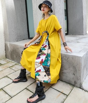 ワンピース シャツワンピース 個性的 韓国 前後差 Aライン ゆったり オーバーサイズ ミモレ丈 半袖 カジュアル Mme4477 Dress Bird