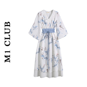 籬笆シリーズ チャイナワンピース 鶴 つる 花柄ワンピース 中華服 漢元素 Vネック 大きいサイズ Elegant