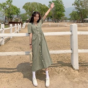 ワンピース 半袖 カジュアル Vネック ハイウエスト チェック ギンガムチェック レトロ グリーン ピンク イエロー ボタン 前開き プチプラレディースファッション通販 Yboueki