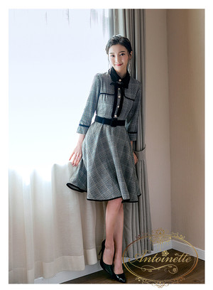 チェック柄 長袖 ワンピース 膝丈 春 夏 秋 冬 可愛い お嬢様風 結婚式 二次会 フォーマル グレー 襟つき リボン Anlo434 Antoinette
