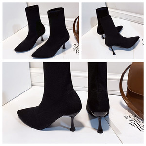 送料無料 ショートブーツ ソックスブーツ レディース 黒 ブーツ 靴 シューズ ピンヒール きれいめ おしゃれ アンクルブーツ ニット ストレッチ ポインテッドトゥ 無地 ミドルヒール ヒール 細ヒール シンプル エレガント セレブ 大人 ファッション デート 通勤 Ol