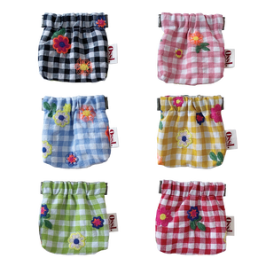 Ossl 花柄刺繍付き ワンタッチ チェック ミニポーチ 全6色 Moim