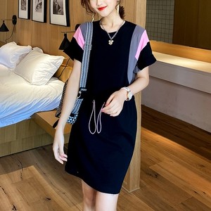 夏新作 ワンピース 2色 バイカラーワンピ バイカラー ワンピース 配色切り替え ウエストマーク ワンピ Iラインワンピース 膝丈ワンピース 膝上 ワンピース 半袖 ワンピース レディース クルーネック スポーティーファッション スポーティー ワンピース ピンク グリーン