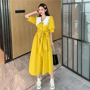 ワンピース レース つけ襟 ウエストマーク Aライン スタイルアップ イエロー 黄色 マスタード ロングワンピース 五分袖 原色 プチプラレディースファッション通販 Yboueki
