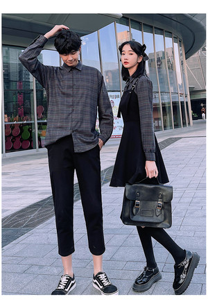 チェックシャツ ワンピース サスペンダー ジャンプスカート0876 メンズシャツ カップル ペアルック リンクコーデ カジュアル お揃い デート 夫婦 親子 カップルのリンクコーデ専門店 Pair Cele ペアセレ