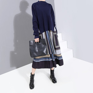 ワンピース 幾何学柄 ロングスカート ボリューム 重ね着風 春夏 お出かけ 大人可愛い ニット ワンピース 街角のカフェテラス