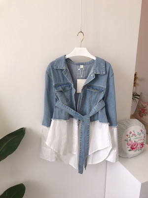 デニム シャツ レディース トップス ブラウス デニム ジャケット 重ね着風 長袖 切り替え デザイン 異素材mix かっこいい きれいめ おしゃれ トップス コーデ 春 夏 秋 白シャツ 個性的 デニム 無地 カジュアル セレブ ラフ感 こなれ感 大人カジュアル シャツ スタイル デート