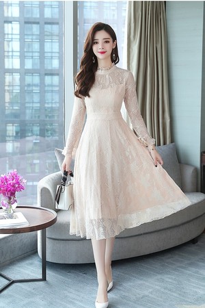 送料無料 ワンピース レースワンピース ドレス レース ドレスコード 大人 きれいめ エレガント 膝丈 ハイネック シースルー セクシー Op 141kj Imagibune