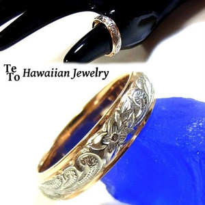 【HawaiianJewelry / ハワイアンジュエリー】 ステンレスリング/指輪 プルメリア カレイキニ スクロール