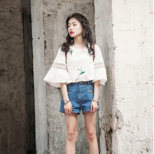 半袖 Tシャツ 夏 ショートシャツ 韓国 ファッション 花柄 ラウンドネック ベルスリーブ 若者 Macaron