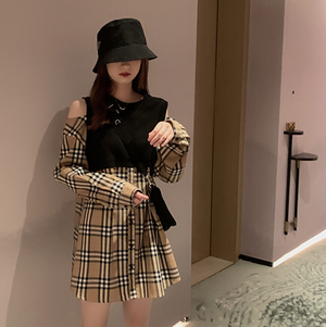 肩出し 肩あき チェック柄 レトロ レイヤード風 ビスチェ風 ワンピース ｒ395 Rumina Select Shop