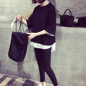 Tシャツ 半袖 七分袖 無地 ラウンドネック レイヤード 重ね着風 ゆったり レディース トップス 大きいサイズ 黒 ブラック グレー Ladys Paradise